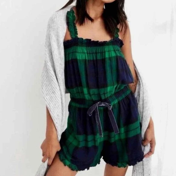 Aerie Blue & Green Plaid Flannel Sleeveless Romper - Size M - NWOT - Picture 1 of 5